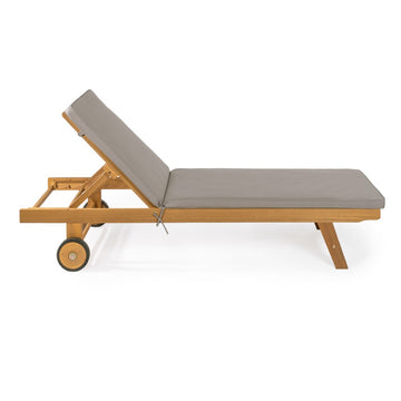 Mallorca 77.56"x23.62" Modern Classic Adjustable Acacia Wood Chaise Outdoor Lounge Chair with Cushion & Wheels - JONATHAN Y